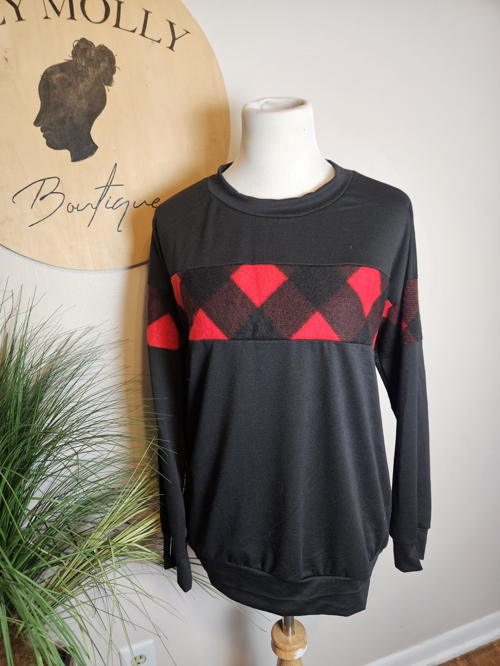 white birch Black Sweatshirt with Red Argyle Panel